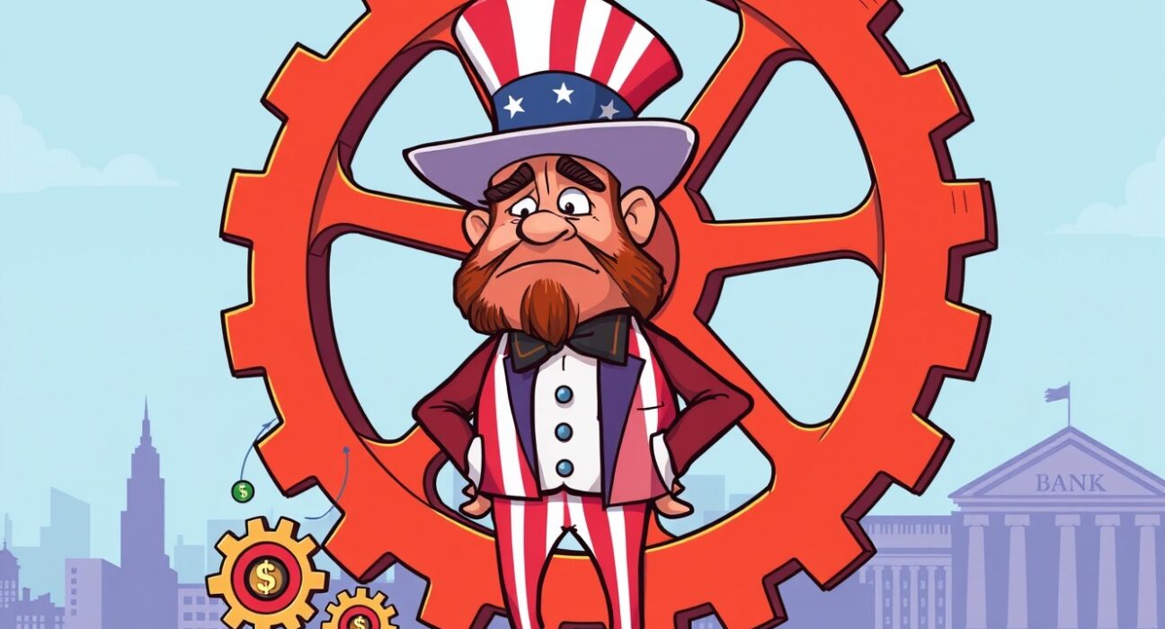 Cartoon illustration depicting the potential negative government shutdown impact on the US economy, with a worried figure and slowing economic machinery.