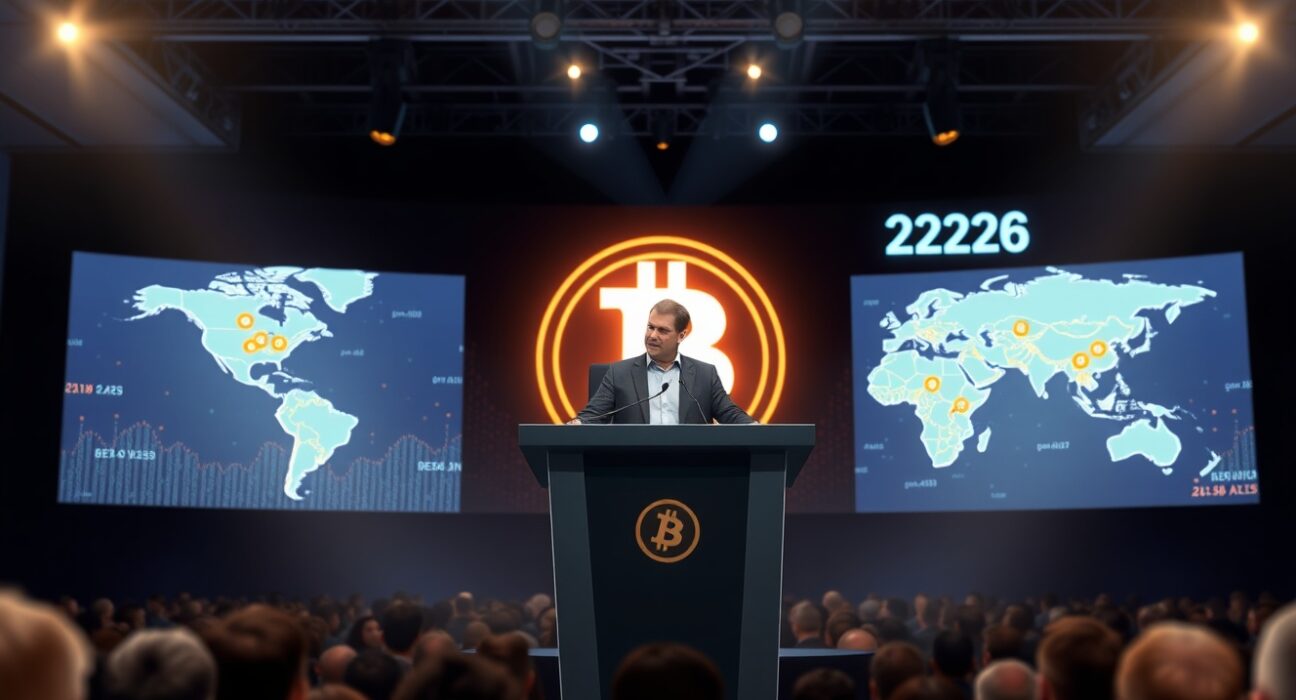 Tim Draper speaking at Bitcoin 2026 conference, urging governments to hold Bitcoin as a strategic reserve against fiat system limits.