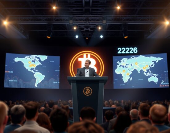Tim Draper speaking at Bitcoin 2026 conference, urging governments to hold Bitcoin as a strategic reserve against fiat system limits.