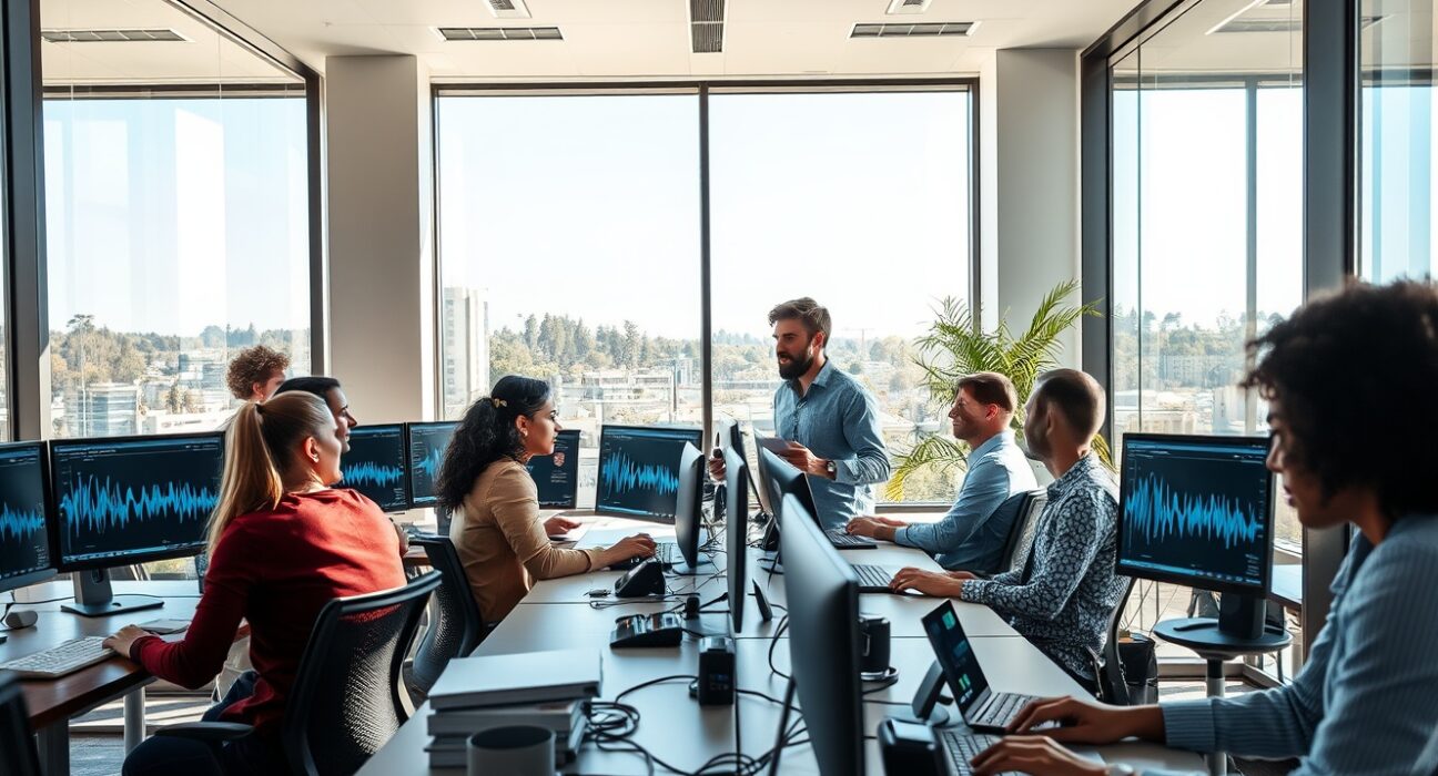 Team of AI researchers working in a modern Bay Area office with voice AI technology on screens