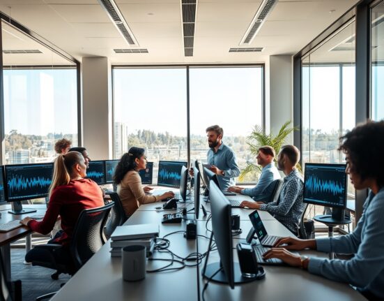 Team of AI researchers working in a modern Bay Area office with voice AI technology on screens