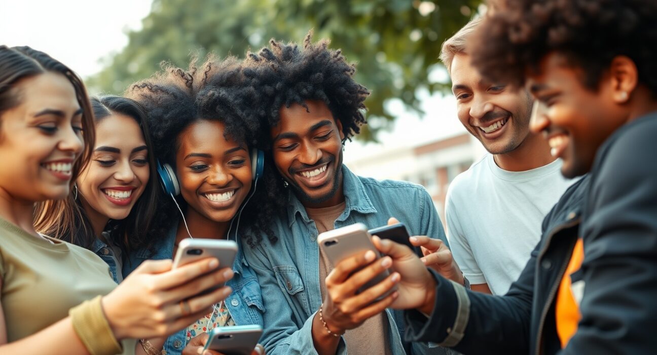 Group of friends using GRAI's social AI music apps for collaborative remixing and sharing.