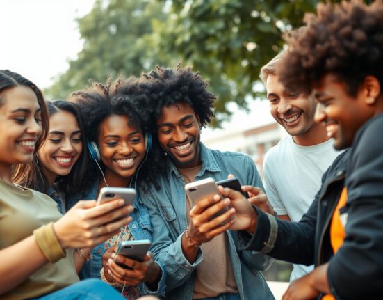 Group of friends using GRAI's social AI music apps for collaborative remixing and sharing.