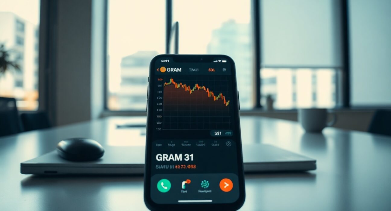 Smartphone showing GRAM decline and SOL rise on crypto trading app