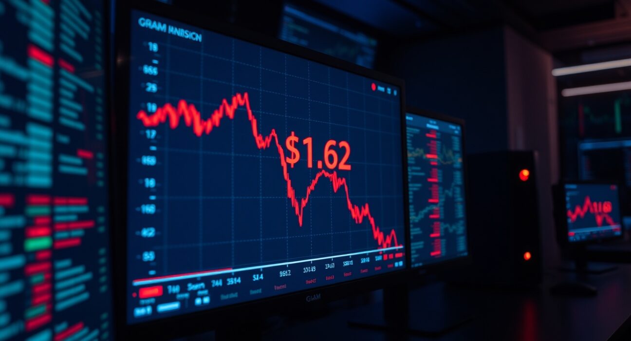 Cryptocurrency price chart showing GRAM token dropping to $1.62