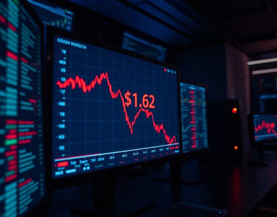 Cryptocurrency price chart showing GRAM token dropping to $1.62