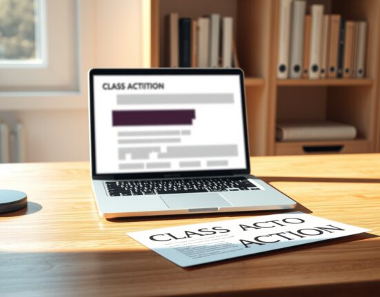 Grammarly lawsuit over AI impersonation feature shows laptop with legal documents on desk