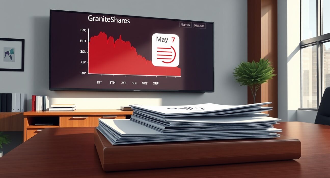 GraniteShares postpones launch of 8 leveraged crypto ETFs; a financial office with a digital display showing delayed launch date.