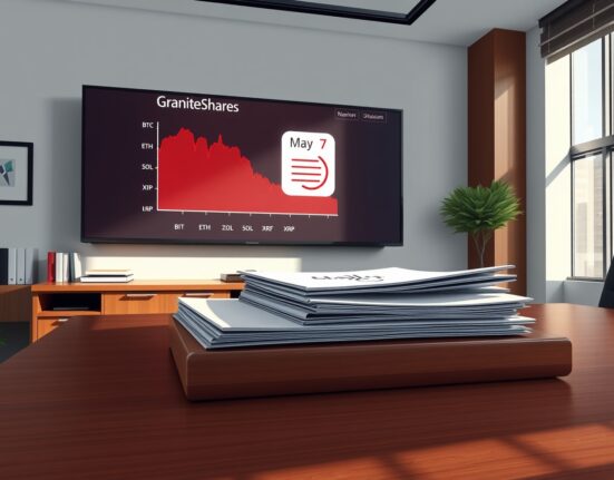 GraniteShares postpones launch of 8 leveraged crypto ETFs; a financial office with a digital display showing delayed launch date.