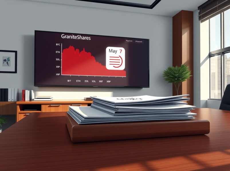 GraniteShares postpones launch of 8 leveraged crypto ETFs; a financial office with a digital display showing delayed launch date.