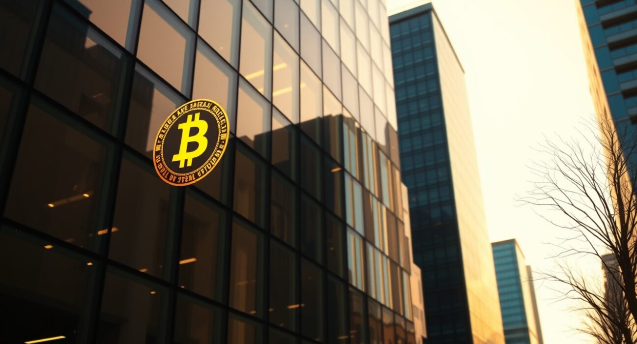 Modern office building with subtle Bitcoin reflection symbolizing real estate and crypto investment fusion.