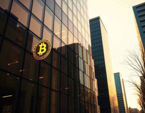 Modern office building with subtle Bitcoin reflection symbolizing real estate and crypto investment fusion.