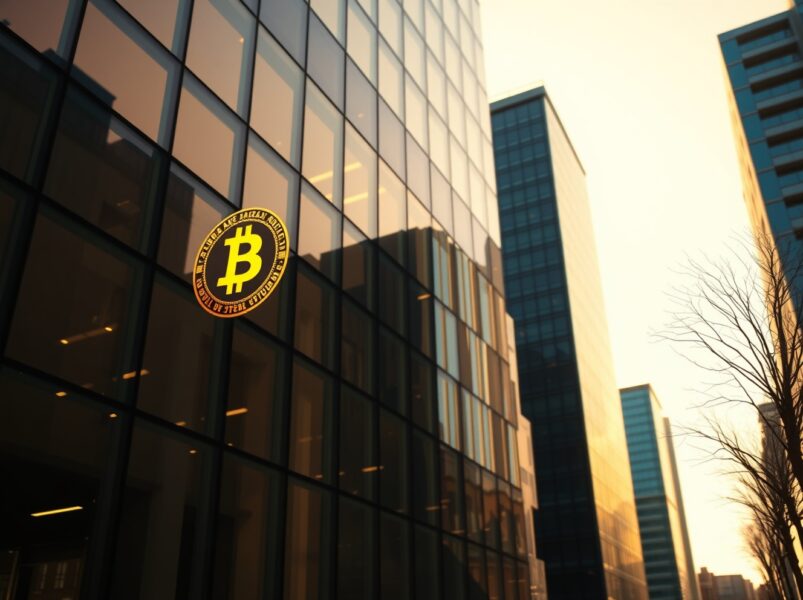 Modern office building with subtle Bitcoin reflection symbolizing real estate and crypto investment fusion.