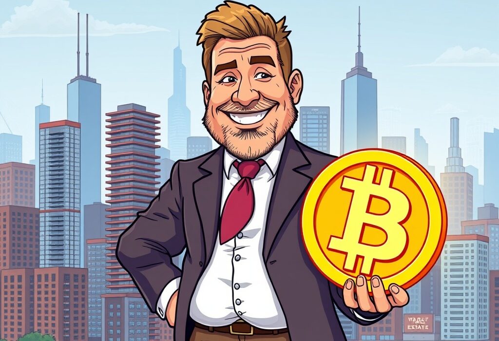 A cartoon illustration showing Grant Cardone holding a Bitcoin, symbolizing his significant Grant Cardone Bitcoin investment and the shift towards digital assets.