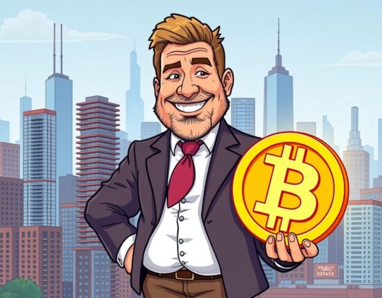 A cartoon illustration showing Grant Cardone holding a Bitcoin, symbolizing his significant Grant Cardone Bitcoin investment and the shift towards digital assets.
