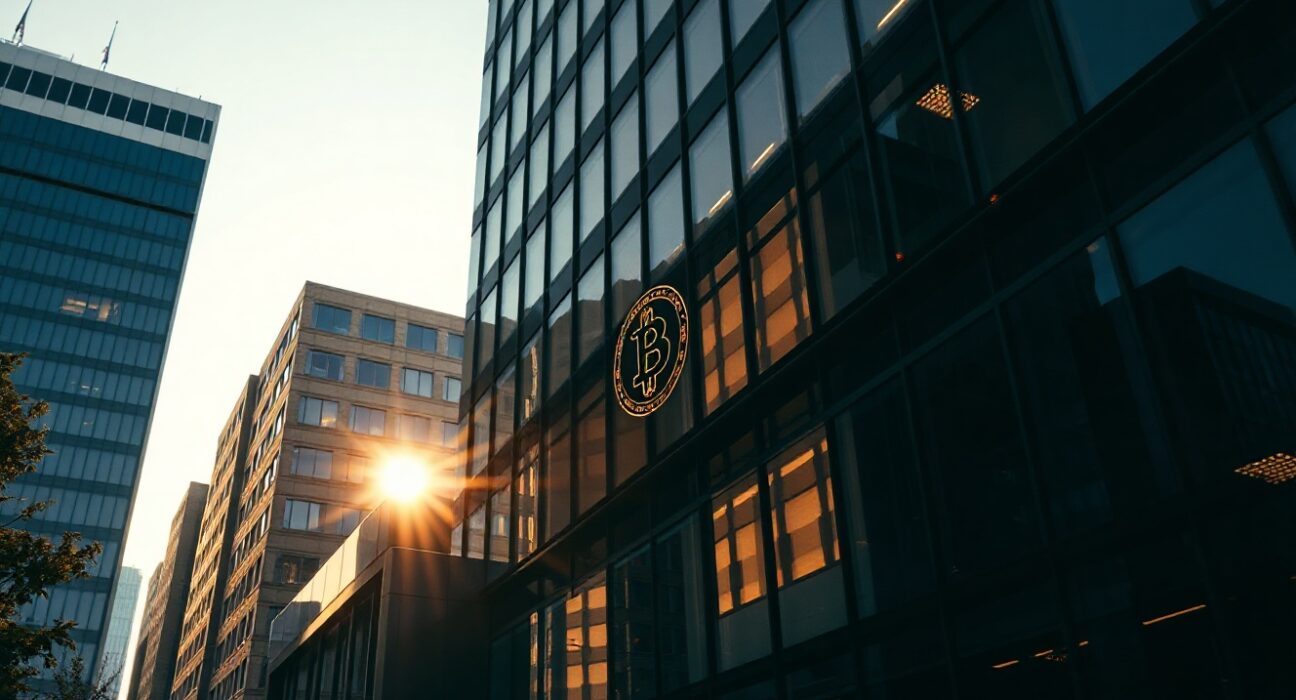 Modern office building reflecting Bitcoin symbol at sunset, representing institutional crypto investment.