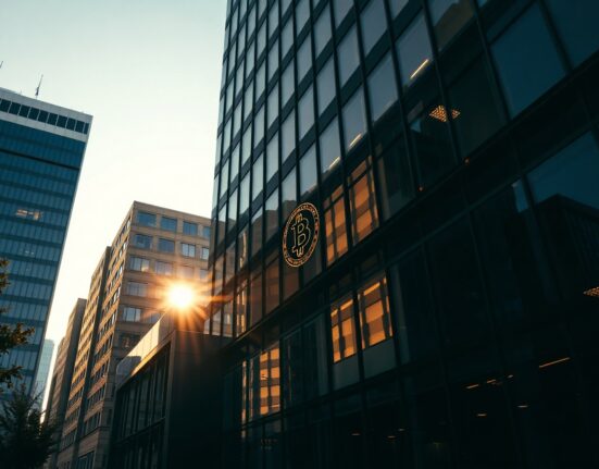 Modern office building reflecting Bitcoin symbol at sunset, representing institutional crypto investment.