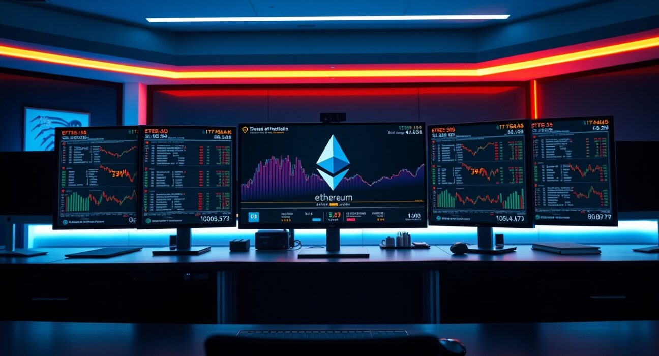 Trading desk monitors displaying Ethereum staking data and blockchain metrics