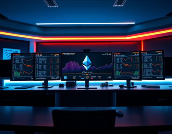 Trading desk monitors displaying Ethereum staking data and blockchain metrics