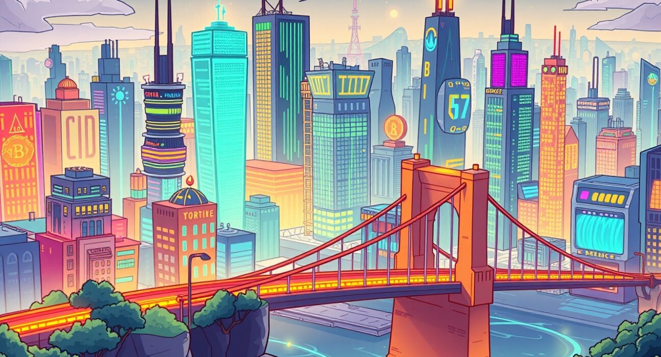 Gravity blockchain infrastructure connecting digital data streams to Real World Assets in a vibrant cartoon illustration