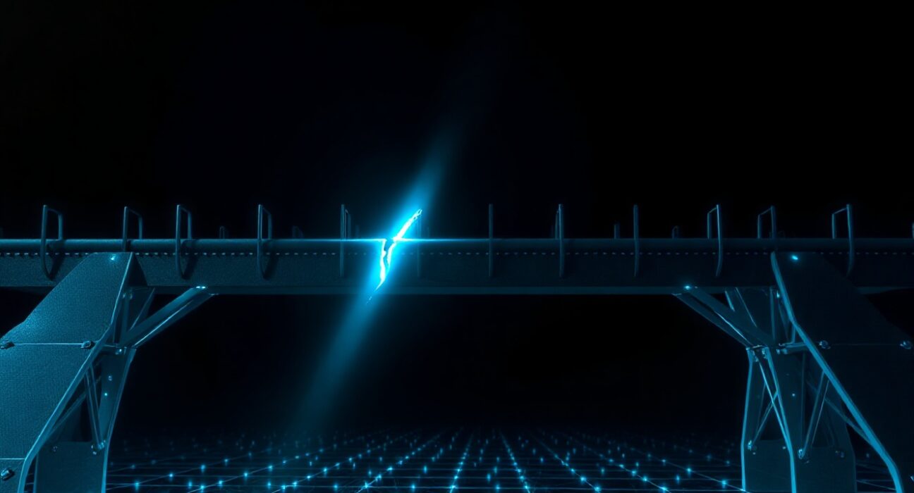 Fractured digital bridge representing Gravity Bridge hack with glowing blockchain nodes in background