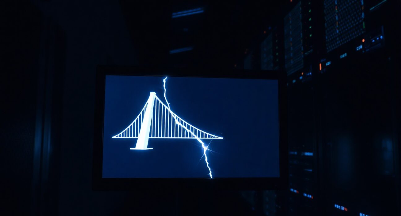 A cracked bridge graphic on a monitor in a dim server room, symbolizing the Gravity Bridge blockchain exploit.