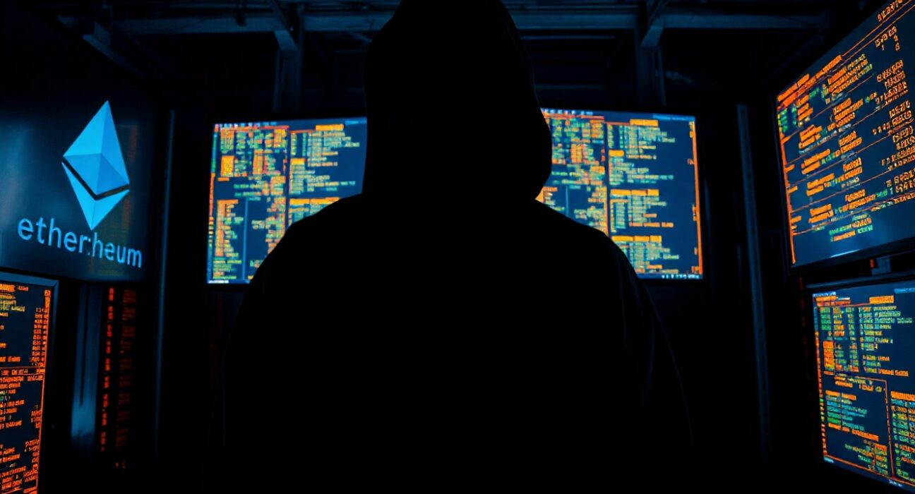 Silhouetted hacker figure in server room with blockchain transaction screens and Ethereum logo