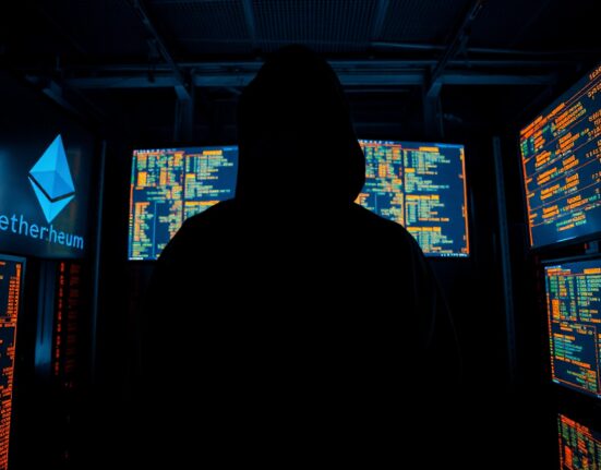 Silhouetted hacker figure in server room with blockchain transaction screens and Ethereum logo