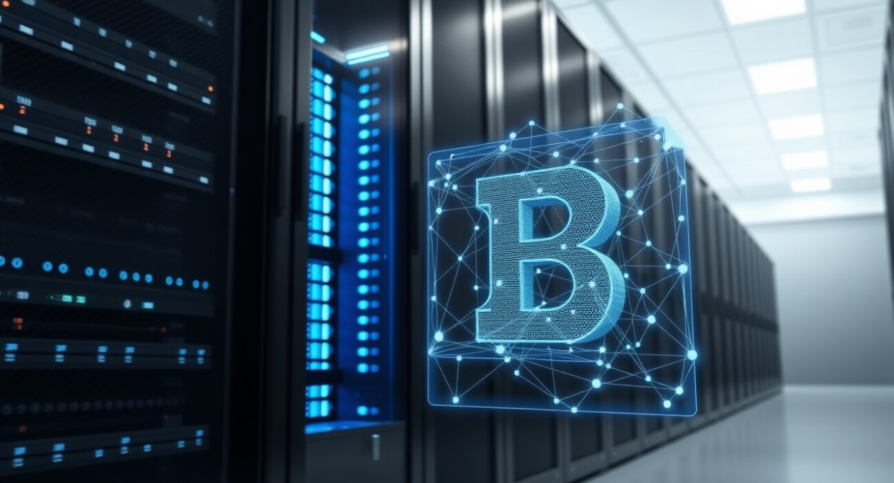 Gravity Layer 1 blockchain testnet infrastructure and network visualization in a data center.