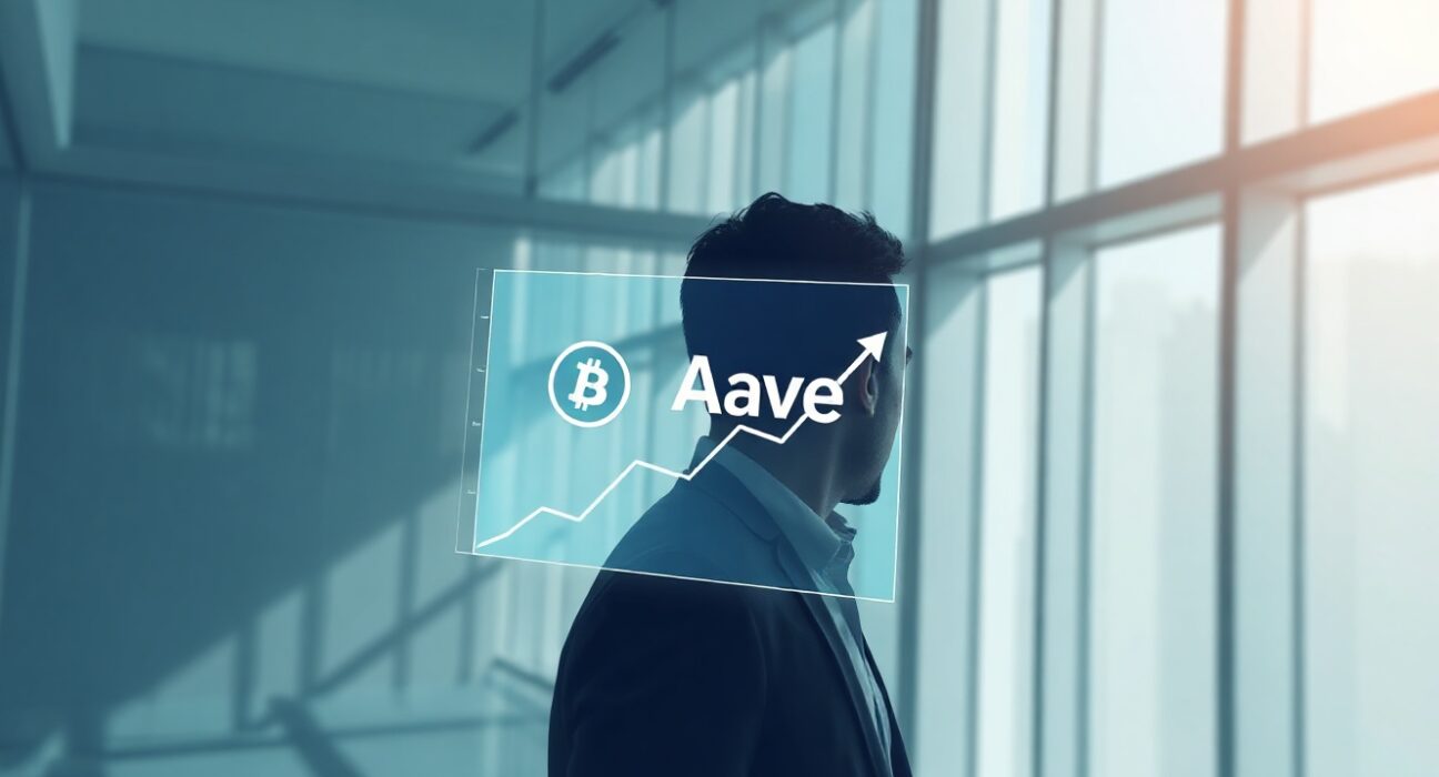 Financial analyst reviewing Aave token valuation on a holographic display in a modern office.