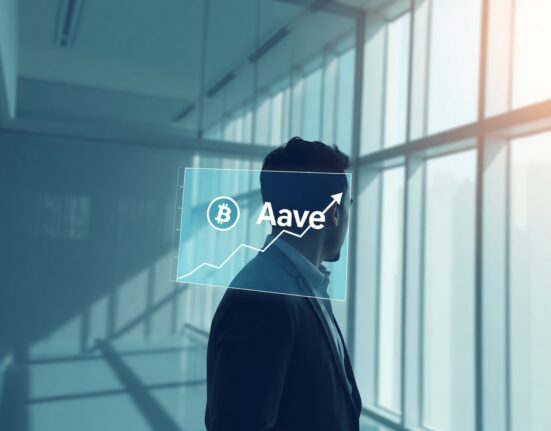 Financial analyst reviewing Aave token valuation on a holographic display in a modern office.
