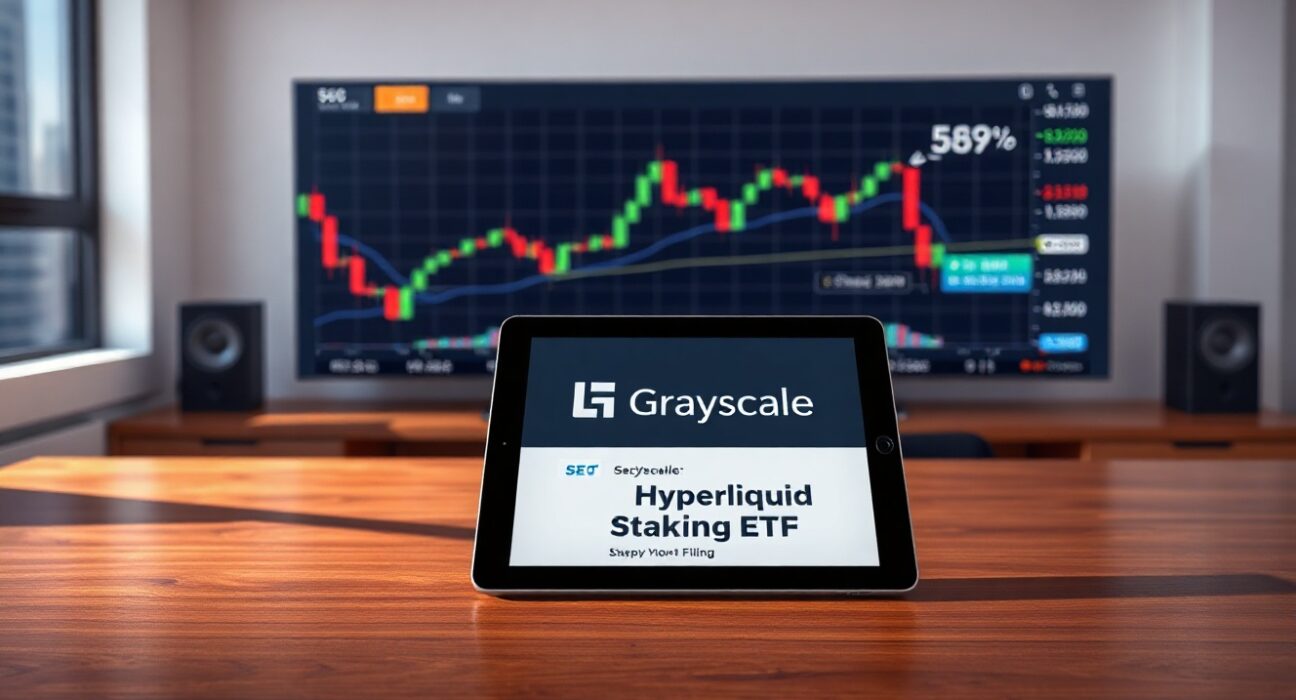 Tablet showing Grayscale Hyperliquid Staking ETF SEC filing with market charts in background