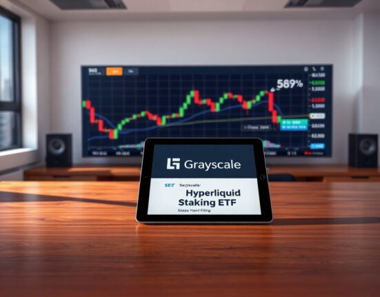 Tablet showing Grayscale Hyperliquid Staking ETF SEC filing with market charts in background