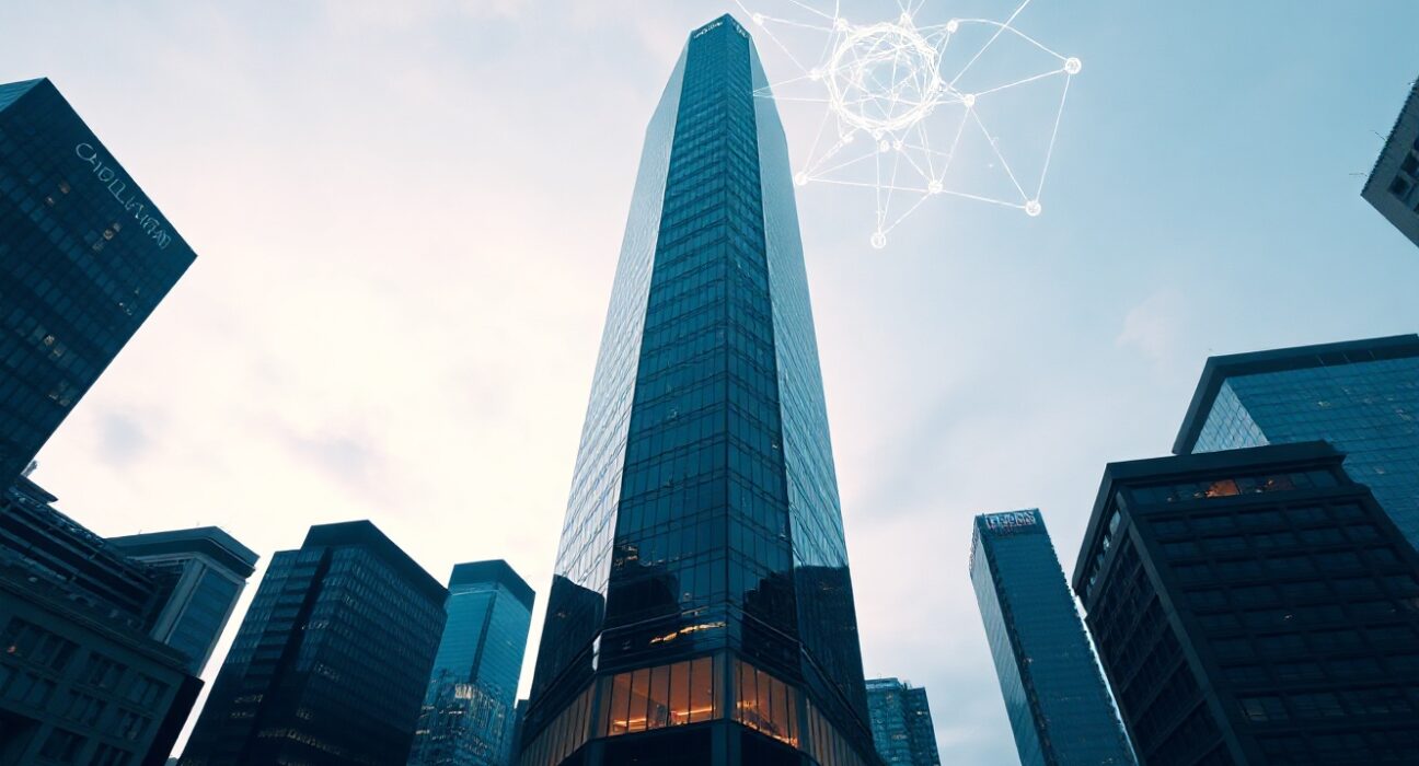 Modern skyscraper with digital network overlays representing blockchain and AI integration
