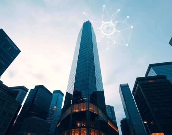Modern skyscraper with digital network overlays representing blockchain and AI integration