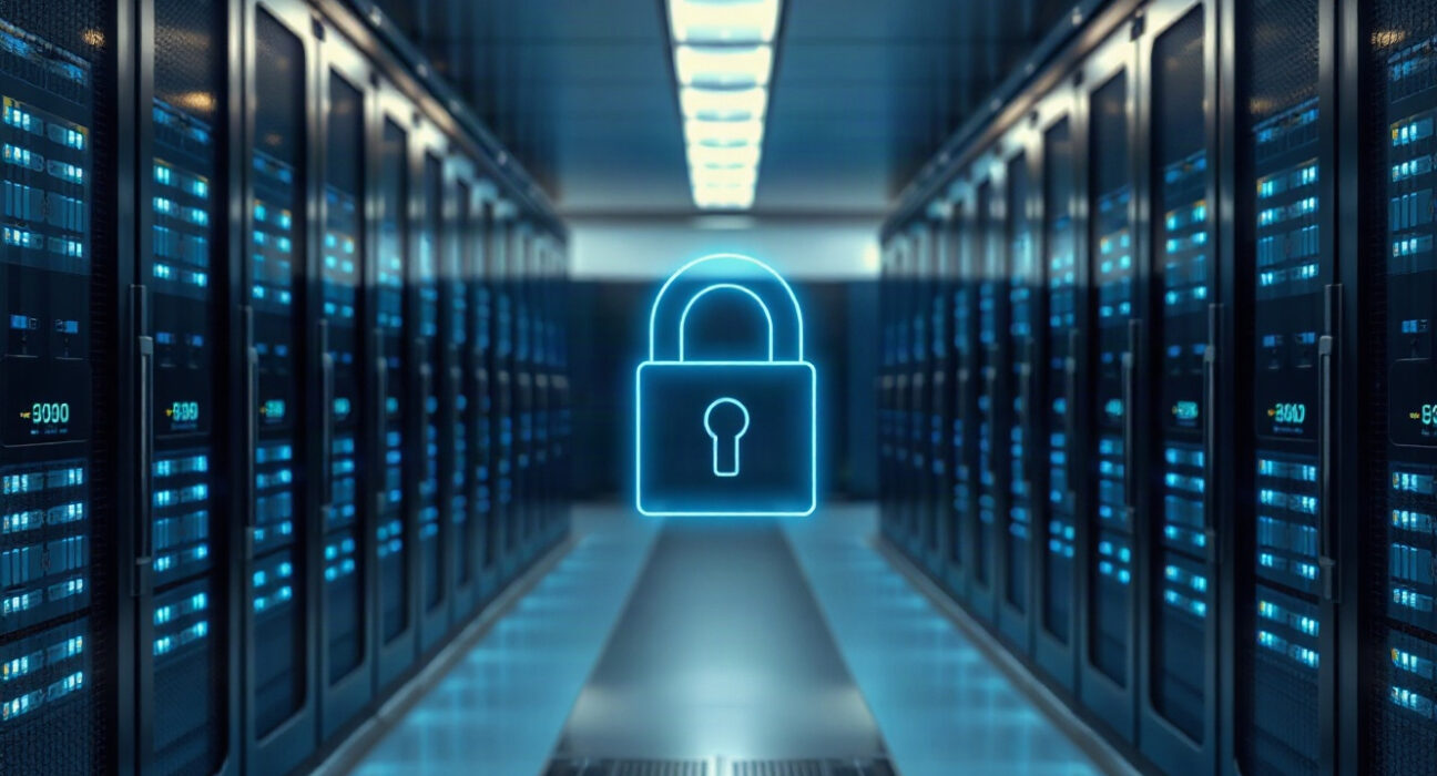 Data center servers with a holographic padlock symbolizing AI and cryptocurrency privacy.