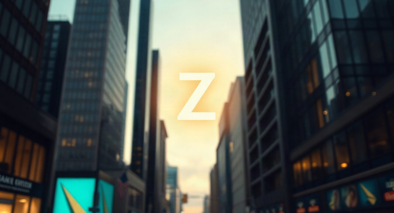 Digital Zcash symbol over a financial district skyline at dusk, representing a potential ZEC ETF.