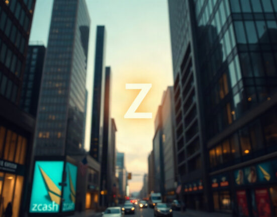 Digital Zcash symbol over a financial district skyline at dusk, representing a potential ZEC ETF.