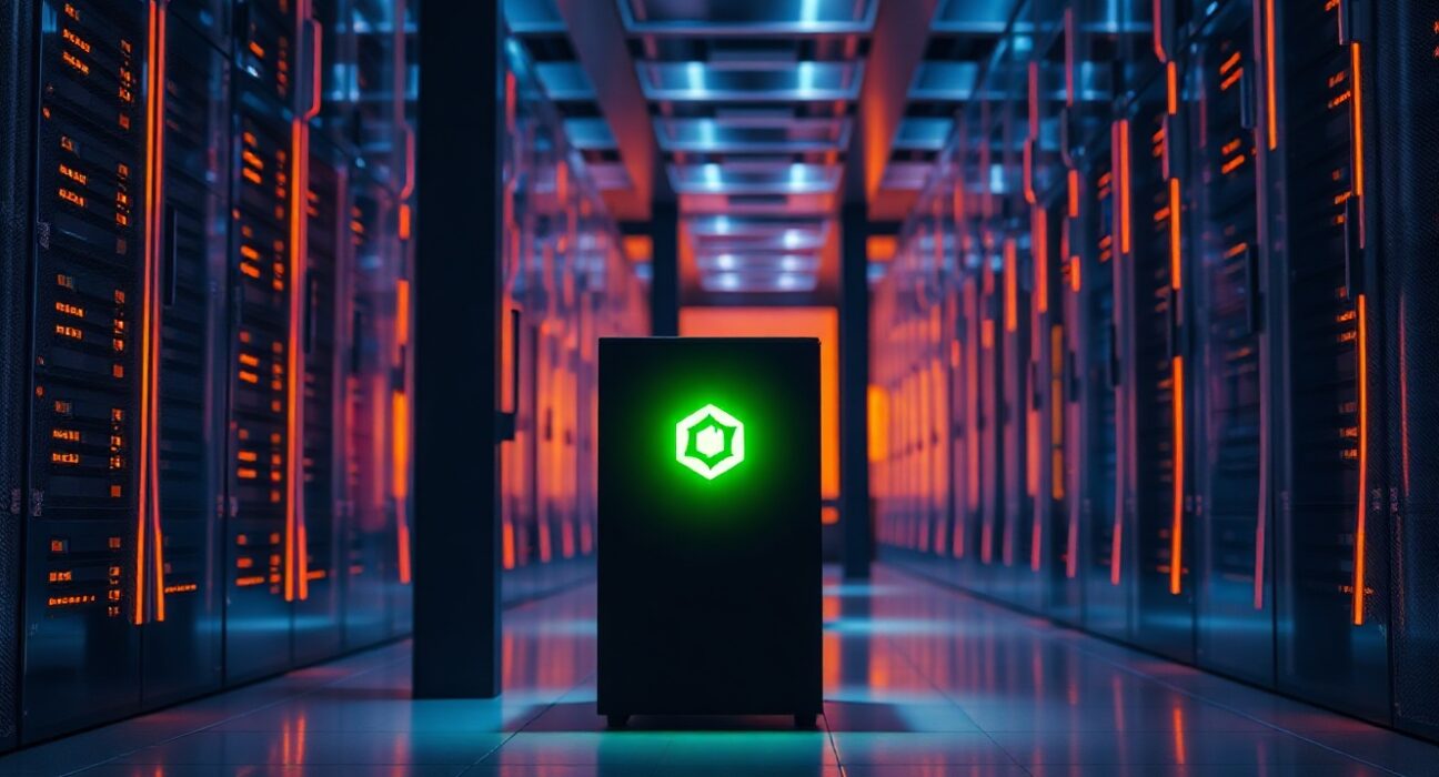Decentralized AI server node in a modern data center representing permissionless AI networks