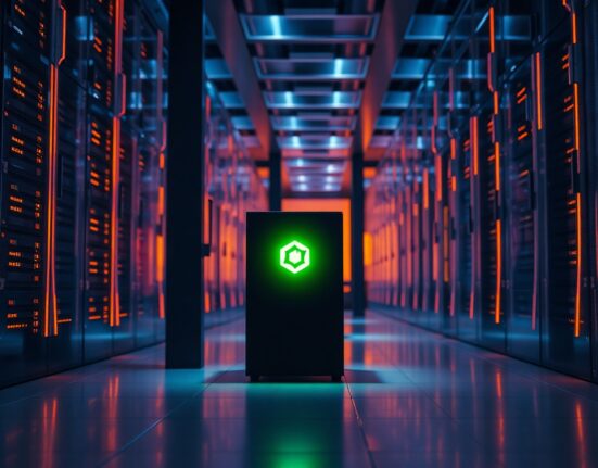 Decentralized AI server node in a modern data center representing permissionless AI networks