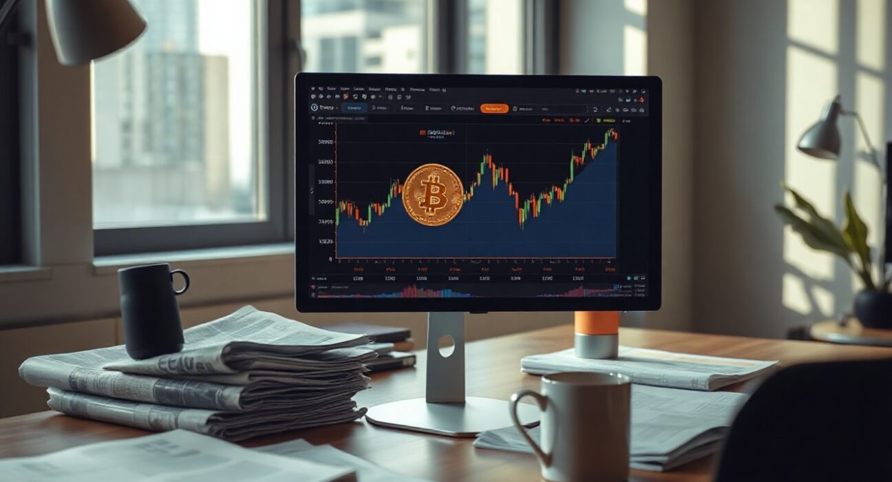 Bitcoin price chart on a computer screen in a financial analyst's office