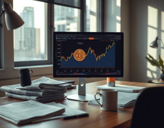 Bitcoin price chart on a computer screen in a financial analyst's office