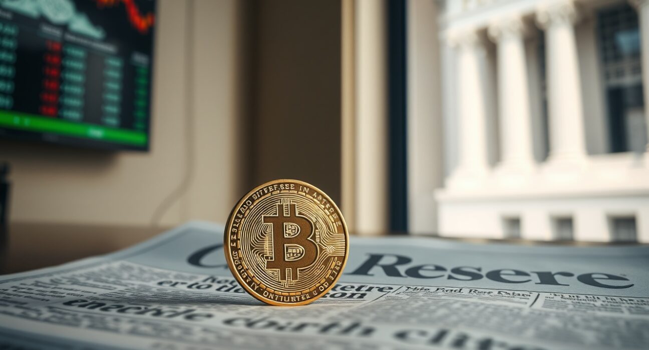 Bitcoin coin on financial newspaper with blurred Federal Reserve building background