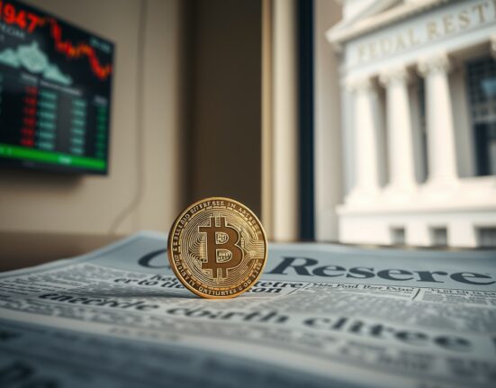 Bitcoin coin on financial newspaper with blurred Federal Reserve building background