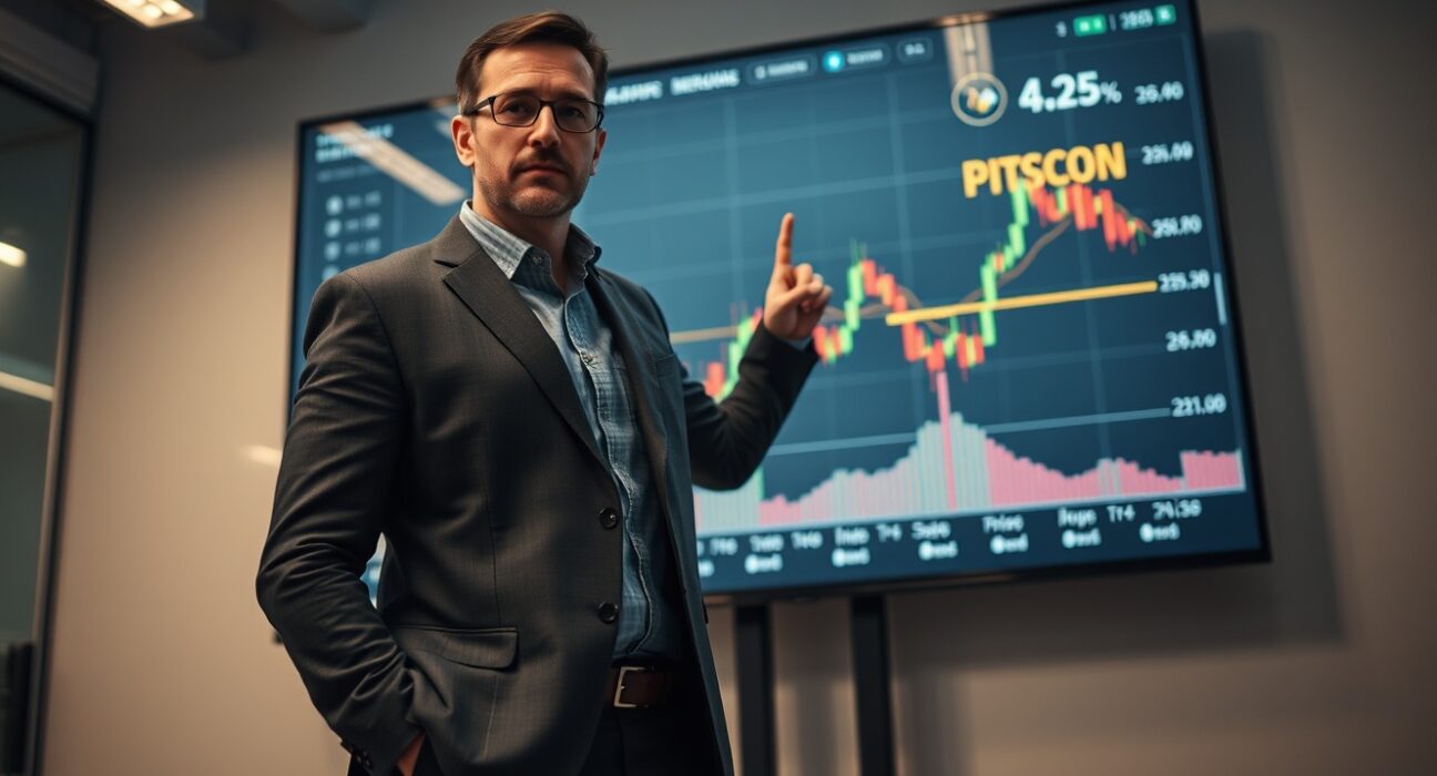 Financial analyst pointing at Bitcoin chart showing sideways trading range