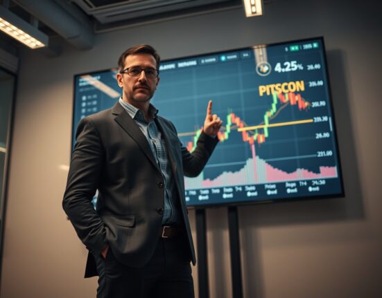 Financial analyst pointing at Bitcoin chart showing sideways trading range