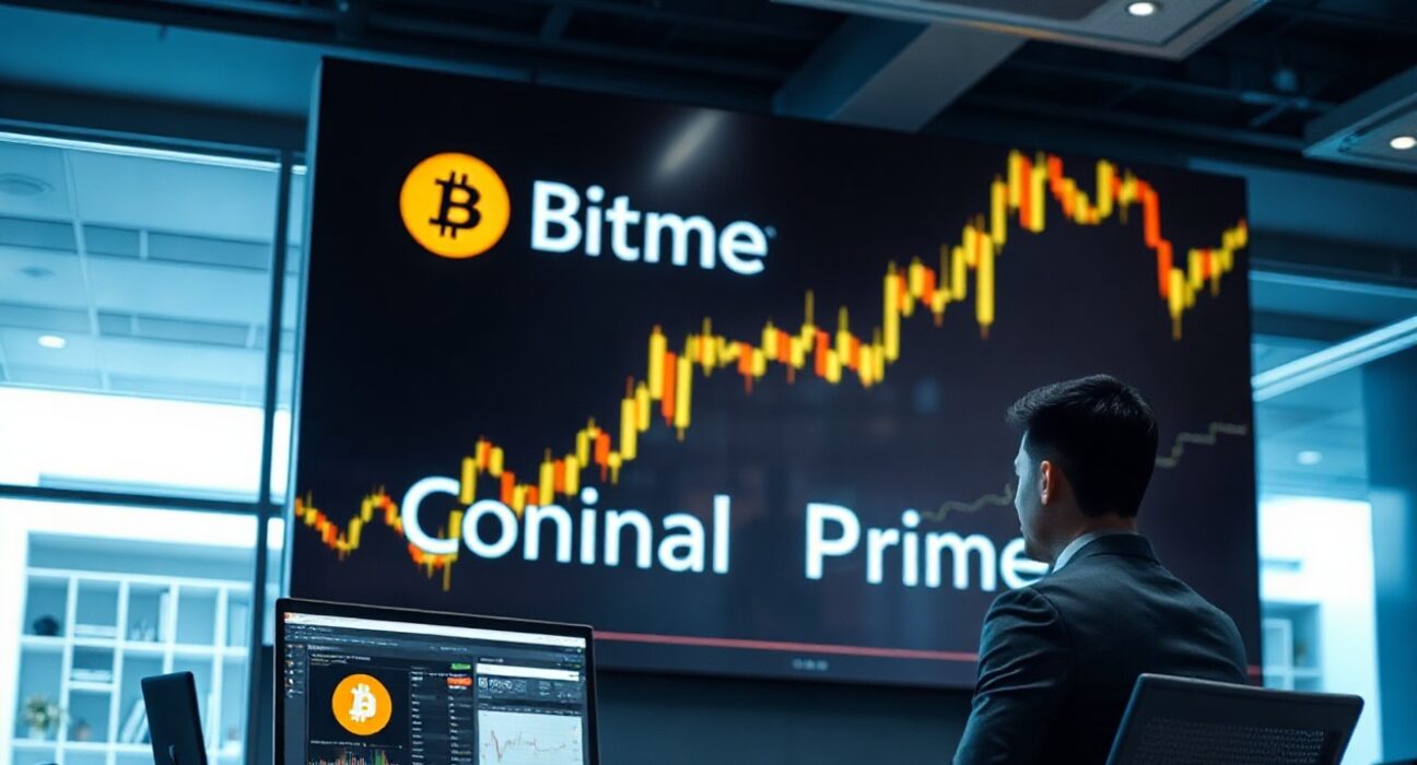 Financial analyst monitoring Bitcoin price chart and Coinbase Prime platform on laptop