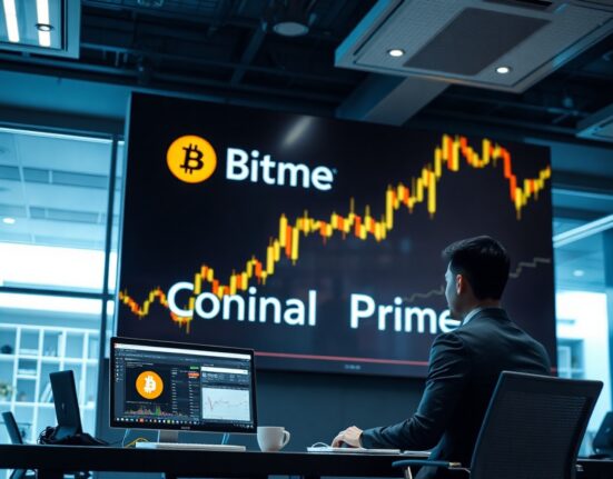 Financial analyst monitoring Bitcoin price chart and Coinbase Prime platform on laptop