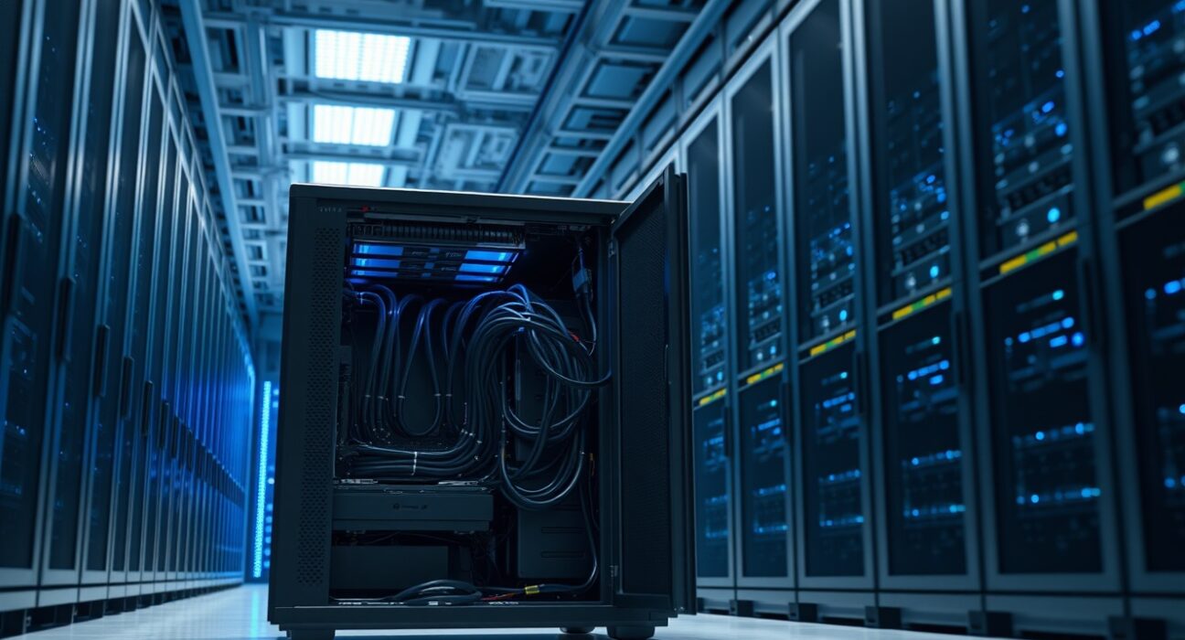 Interior of a modern data center with high-performance computing servers and GPU racks