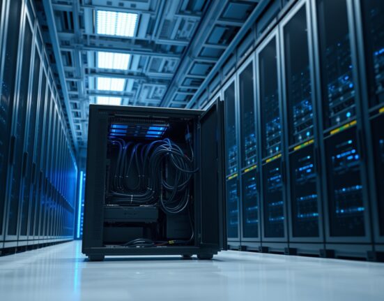 Interior of a modern data center with high-performance computing servers and GPU racks